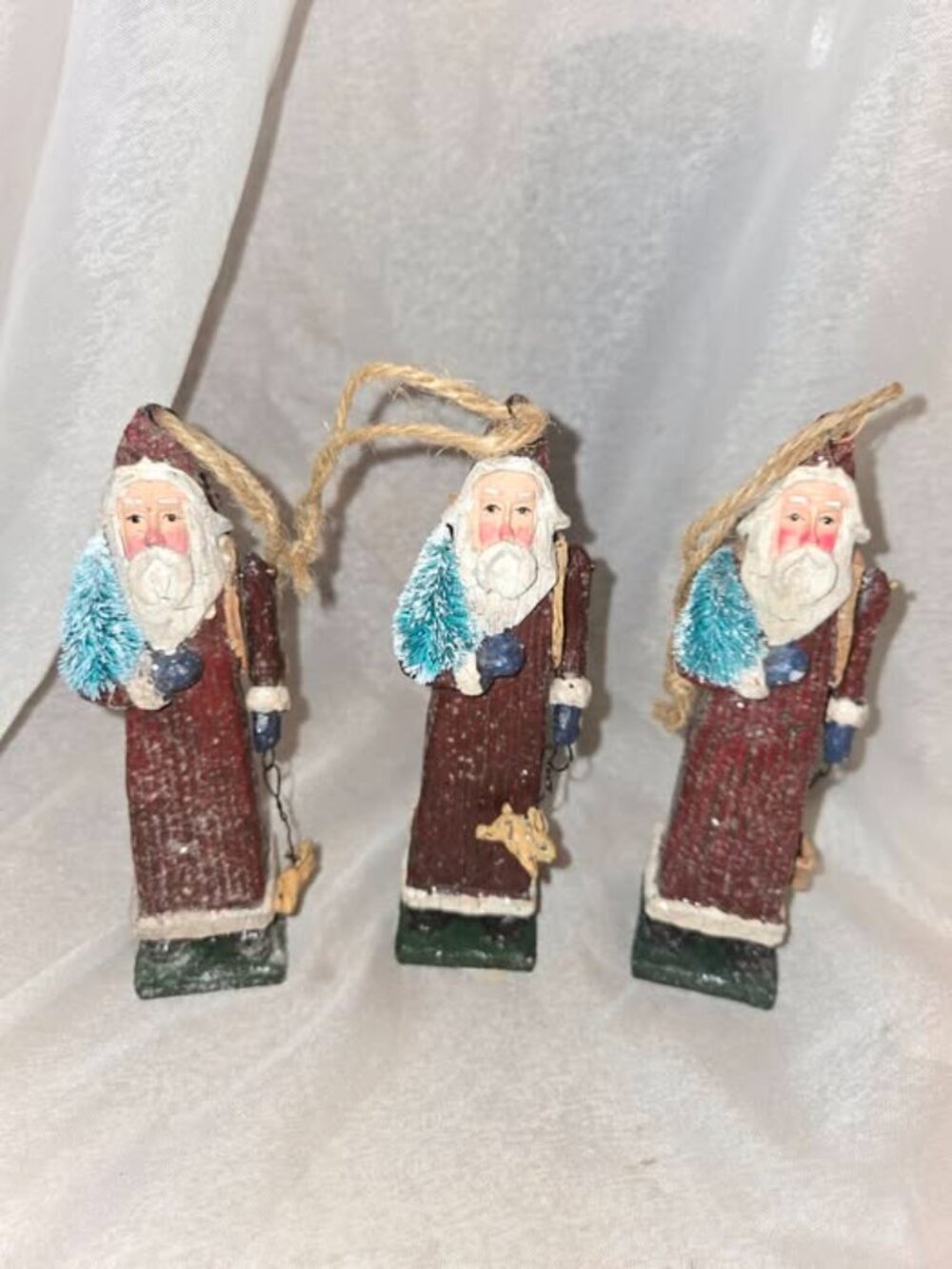 Rustic Folk Art Carved Santa Claus Holding Ornament Hand Painted LOT of 3